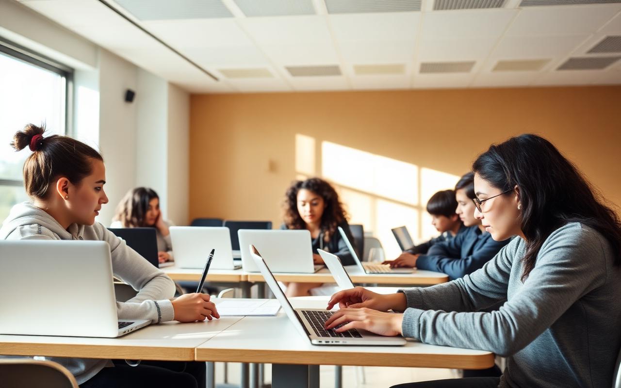 Students working on laptops during an online learning session in a bright classroom