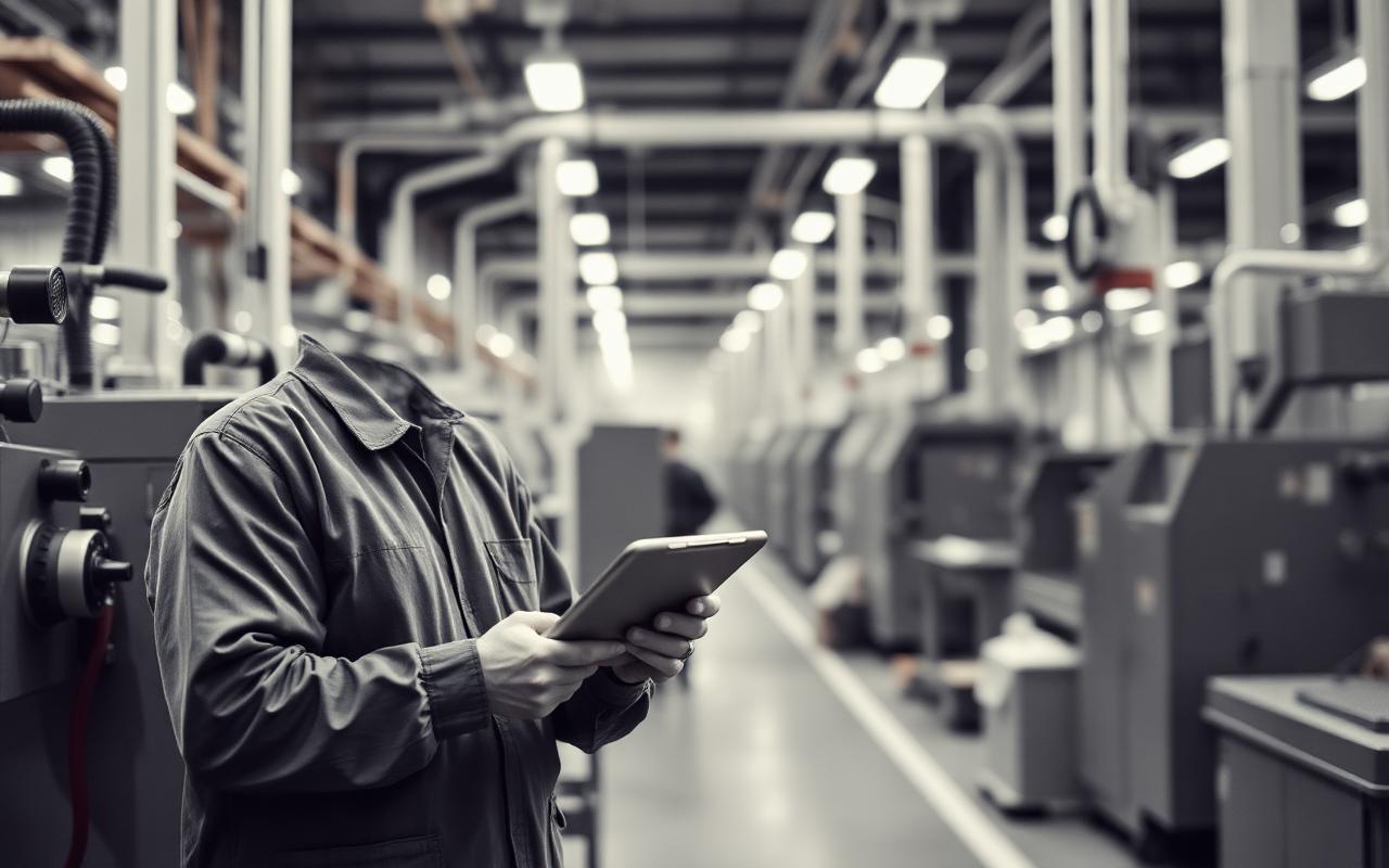 Plant supervisor checking production data on a tablet on a manufacturing floor
