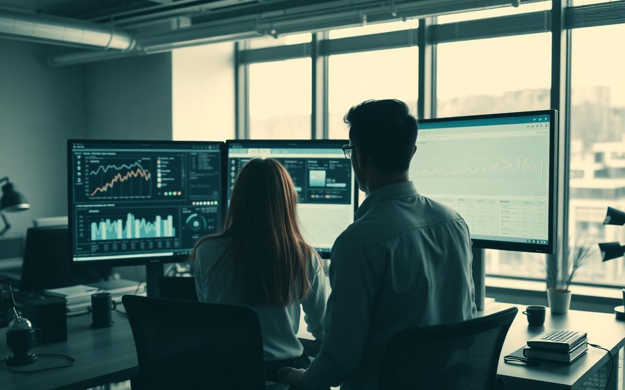 Product and engineering team reviewing platform analytics dashboards on large monitors
